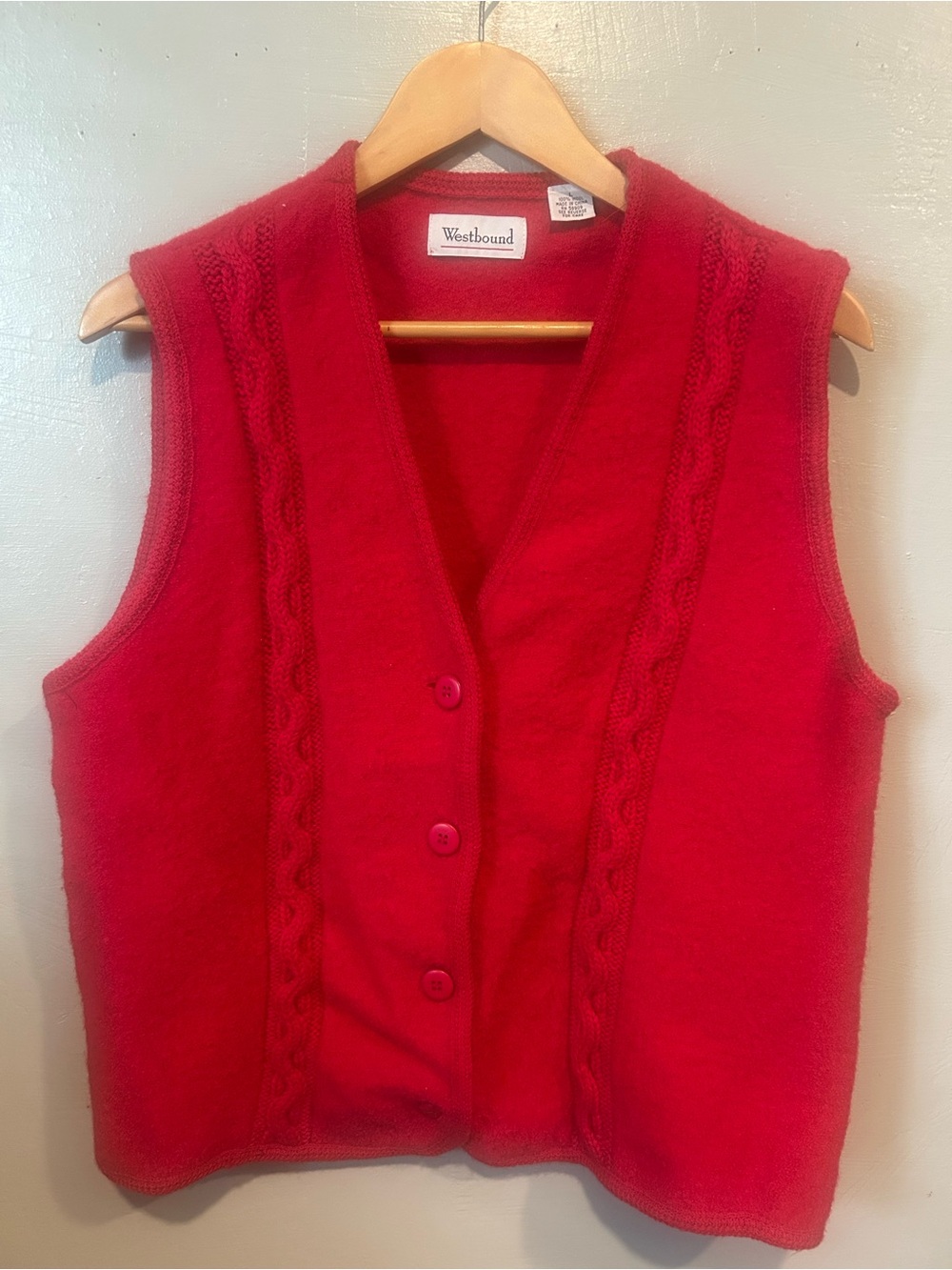 Westbound Red Cable-Knit Button Front Sweater Vest 100% Wool